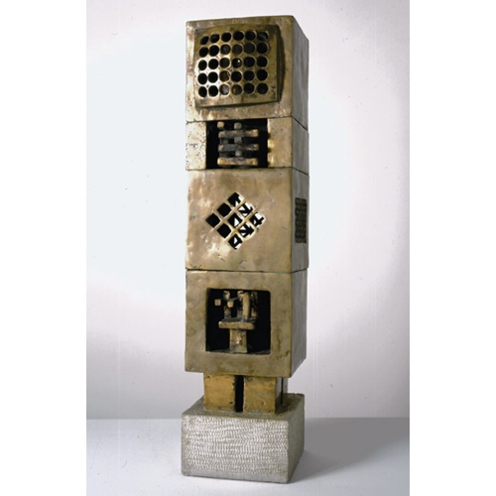 Bronze sculpture comprised of stacked geometric forms with geometric cutouts, on a stone base.