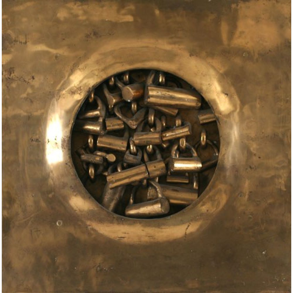 A square, golden-bronze artwork with a circular opening filled with small, metallic locks.