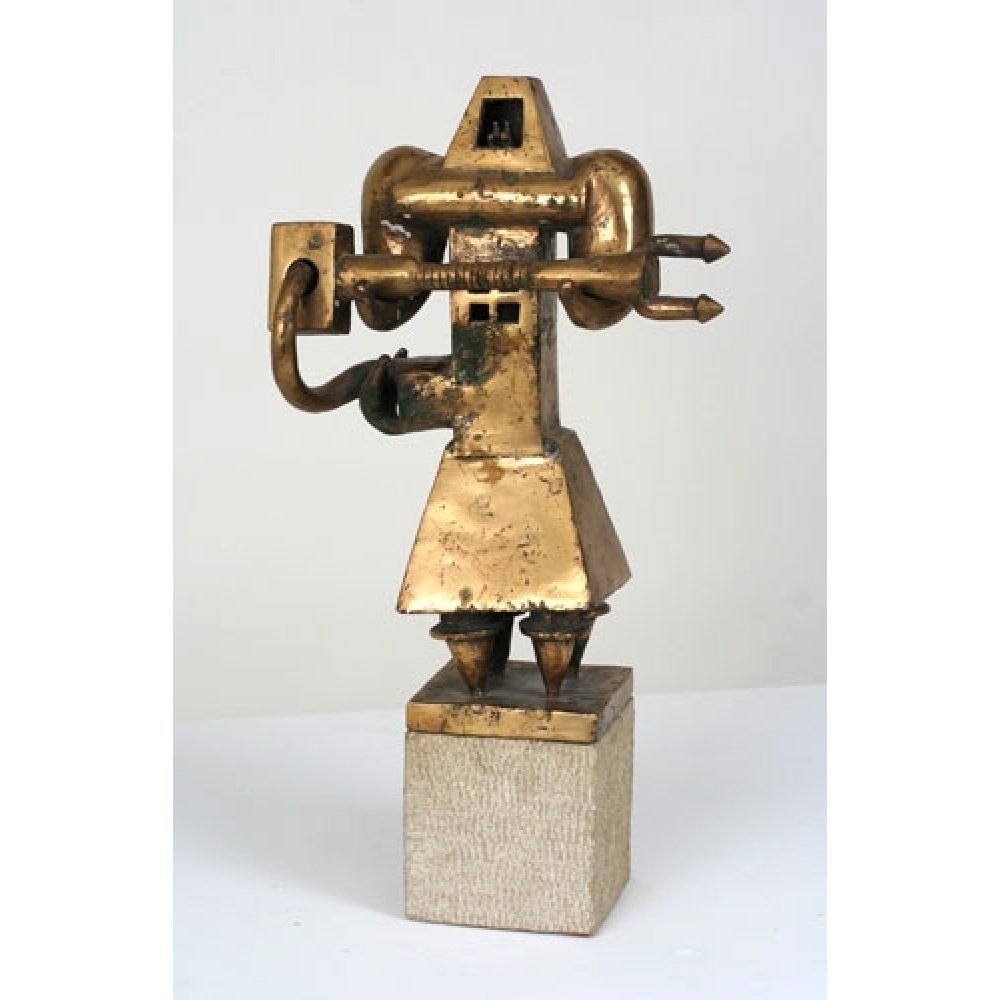 Bronze abstract sculpture on a rectangular base, featuring a geometric human-like form with tubular arms and a triangular body.