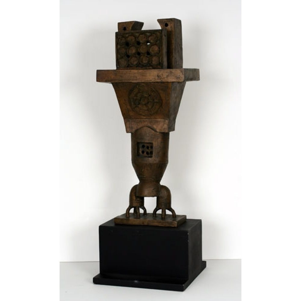 Bronze abstract sculpture with geometric forms on a black wooden base.