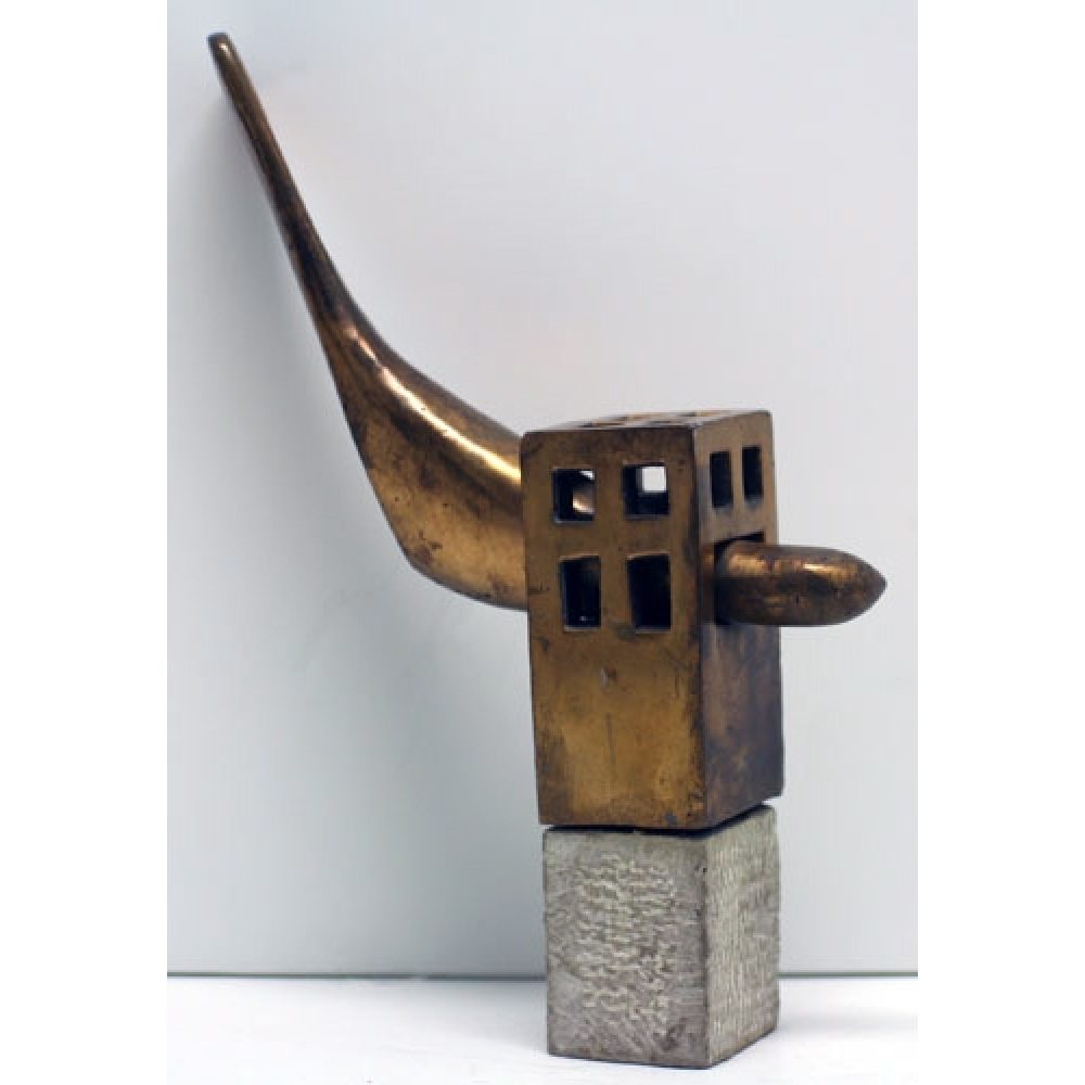 Bronze abstract sculpture with cuboid features and a horn-like extension, on a marble rectangular base.