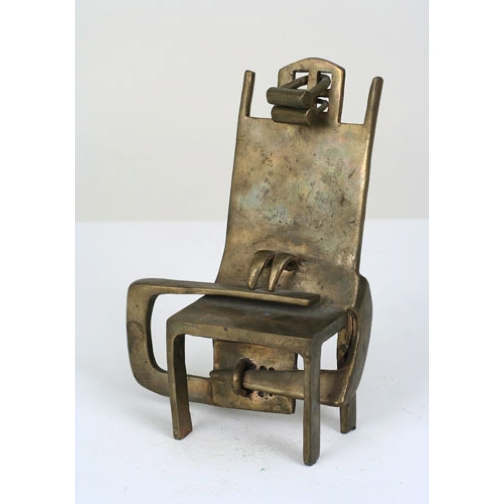Bronze sculpture resembling an ornate chair with a tall backrest and decorative features.