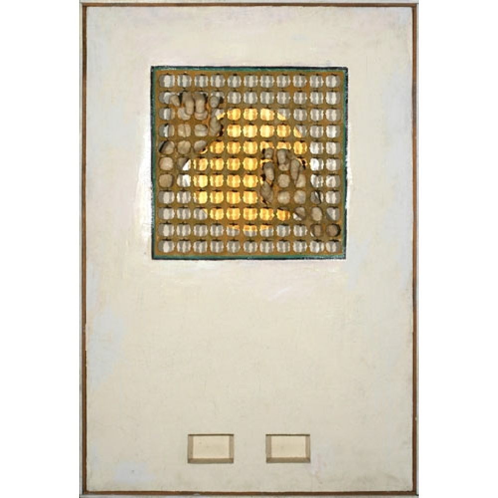 Artwork featuring beige forms resembling hands within a square grid on an off-white background.