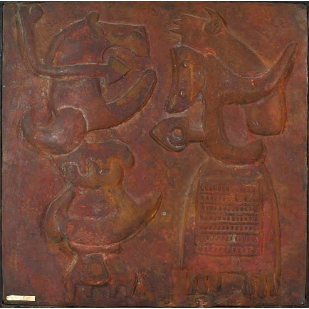 Abstract reddish-brown metal relief with animal-like figures.