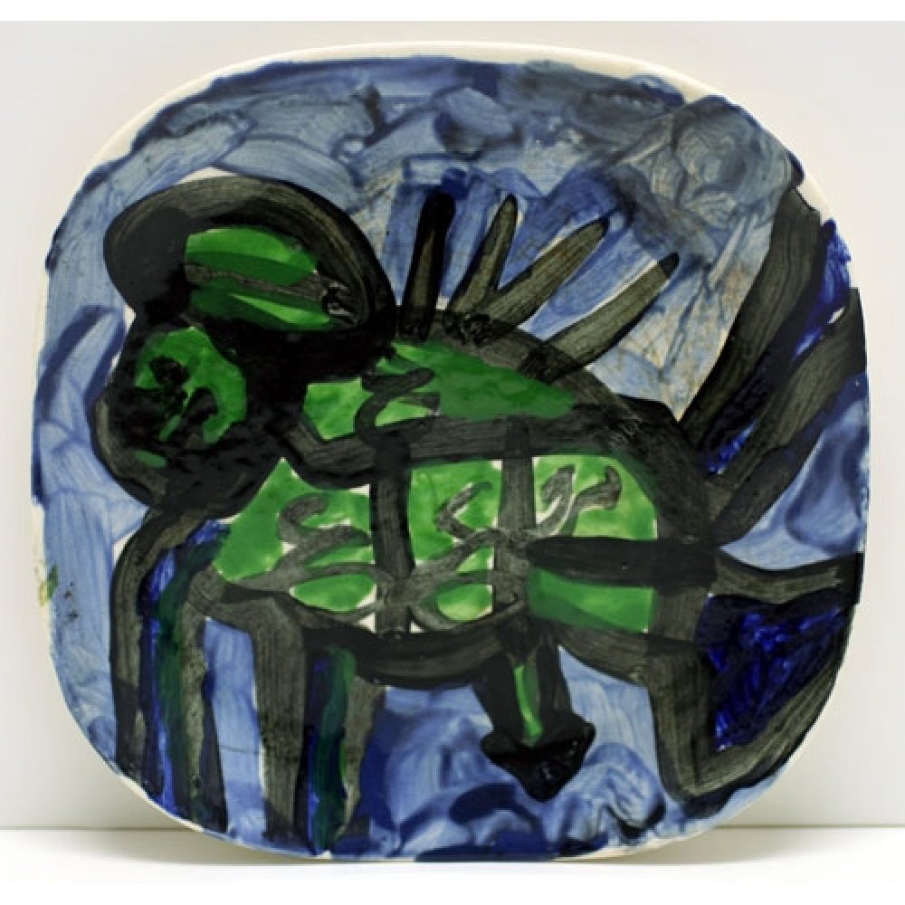 Abstract painting on a square ceramic plate with swirling blues, grays, and a central black-outlined green form.