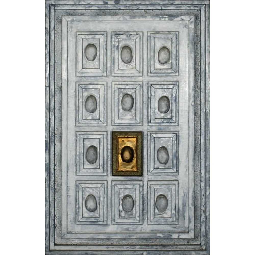 Artwork of a grid with 11 egg-shaped reliefs on a textured, gray background, featuring a gold-framed center.