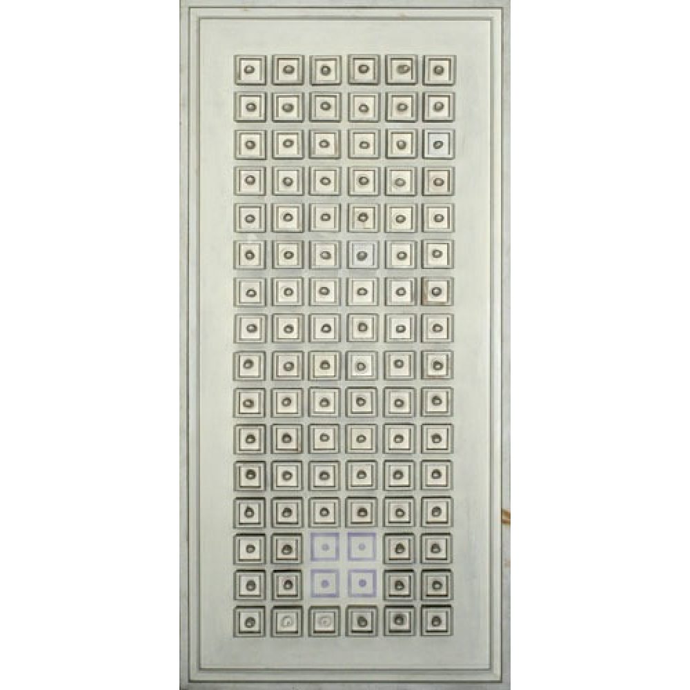 Artwork in the shape of a rectangular panel with a grid of carved squares, featuring four lavender squares next to each other near the bottom of the composition.