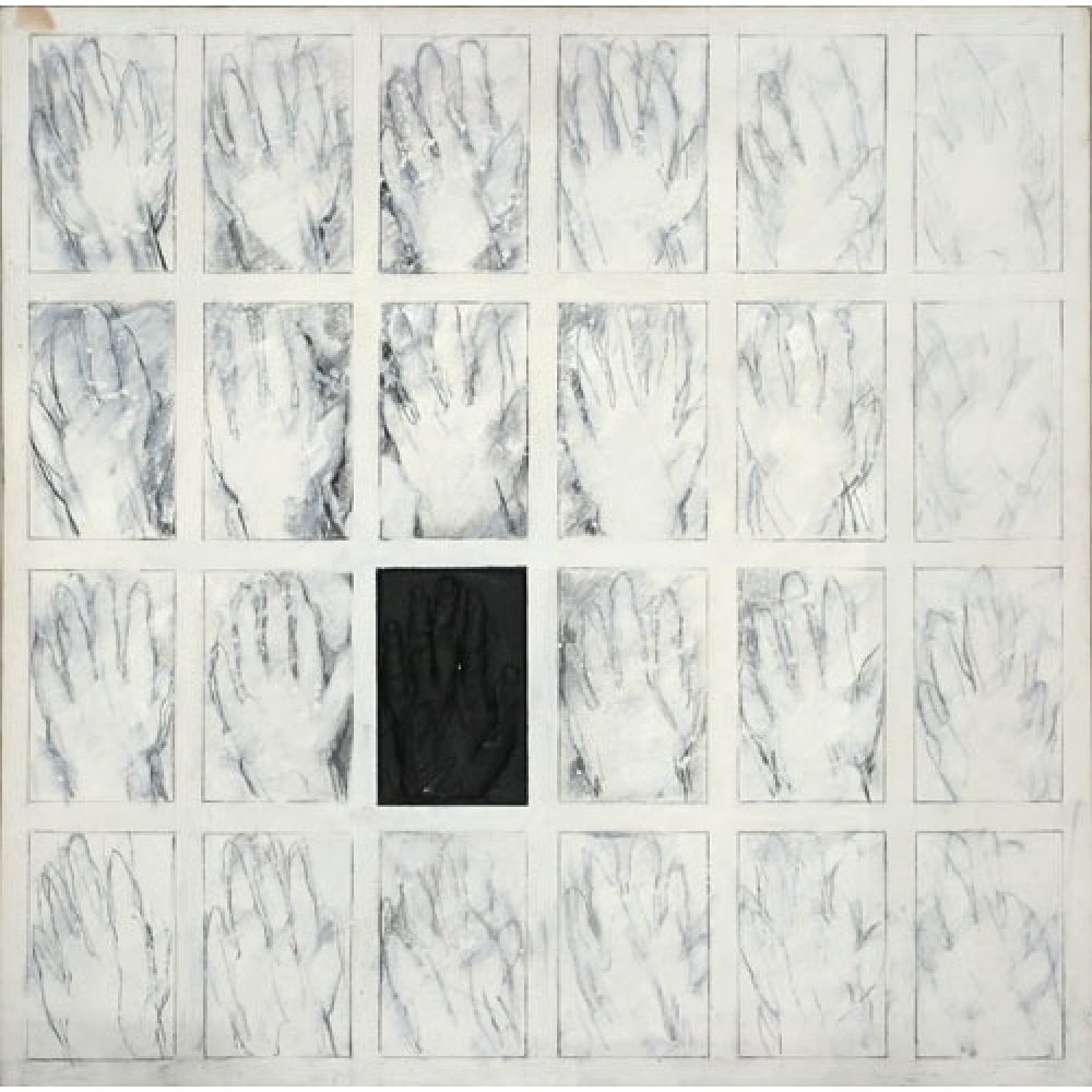 Artwork with a 5 by 5 grid of handprint sketches with one central black rectangle.