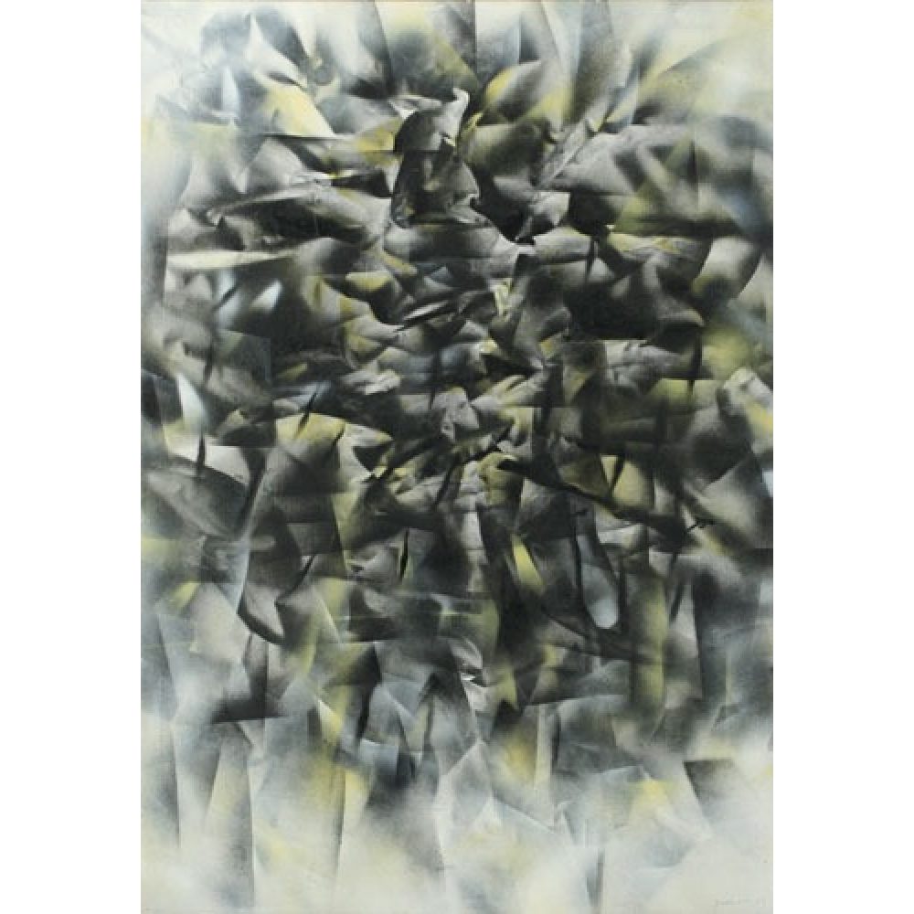 Abstract artwork with overlapping geometric shapes in gray, black, and hints of yellow.