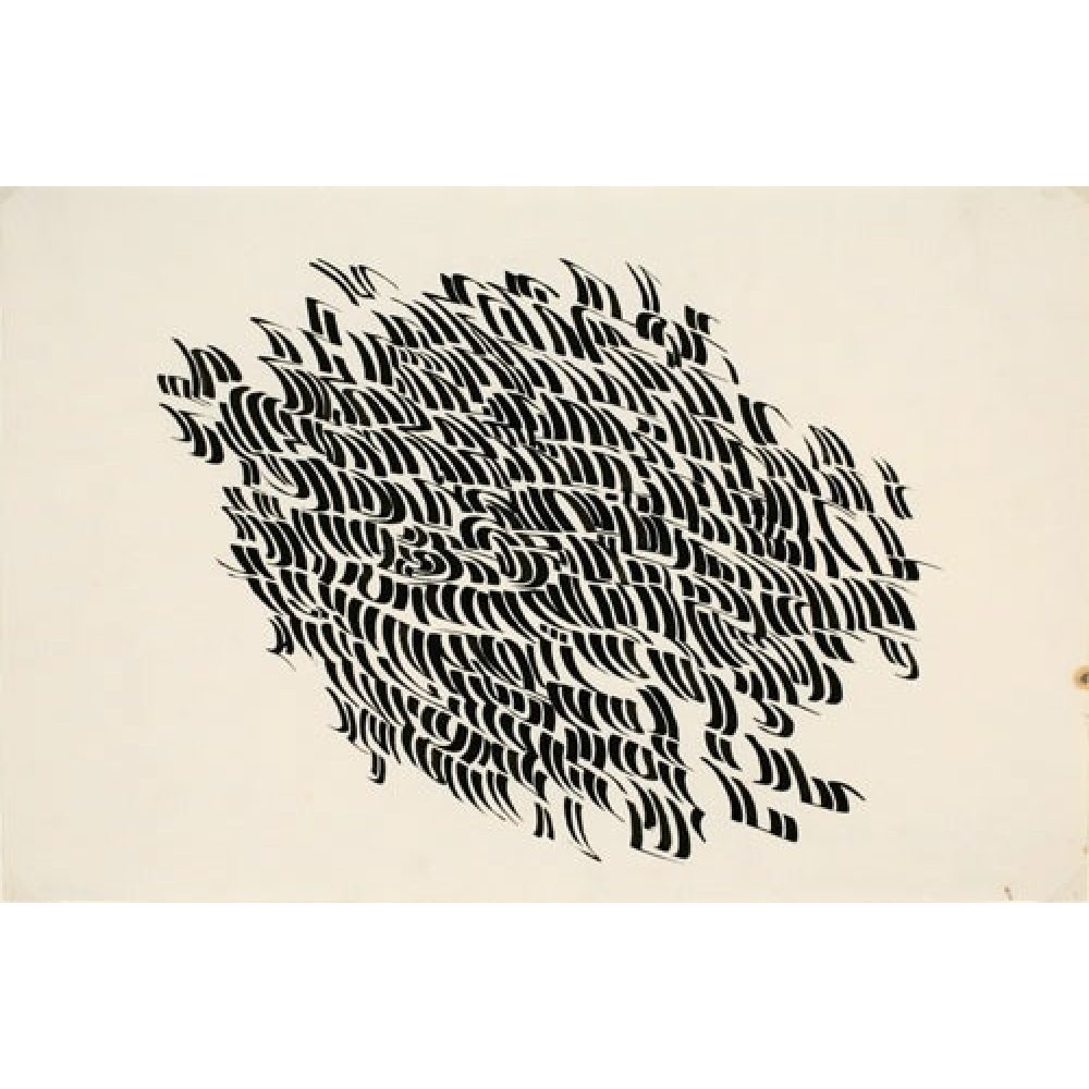 Abstract pattern of back curved shapes arranged in a diagonal cluster that stretches from the top left to the bottom right of the frame on an off-white background.