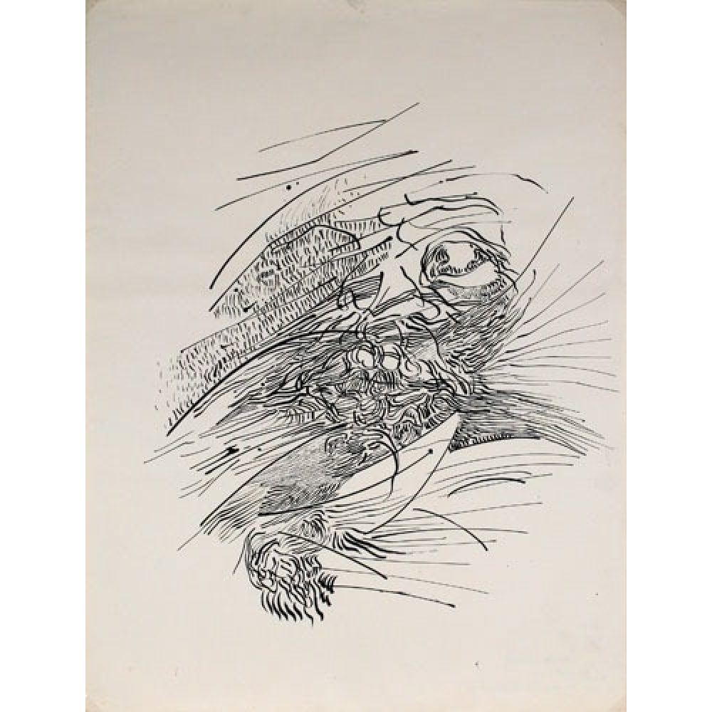 Abstract black-and-white drawing with intertwined lines and swirling patterns.