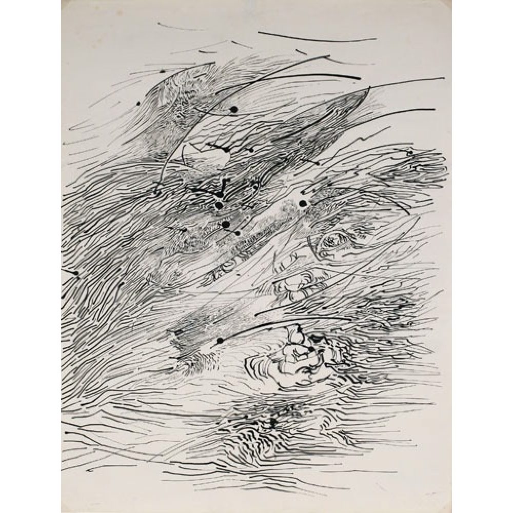 Abstract black and white drawing with curved lines and small black circles.