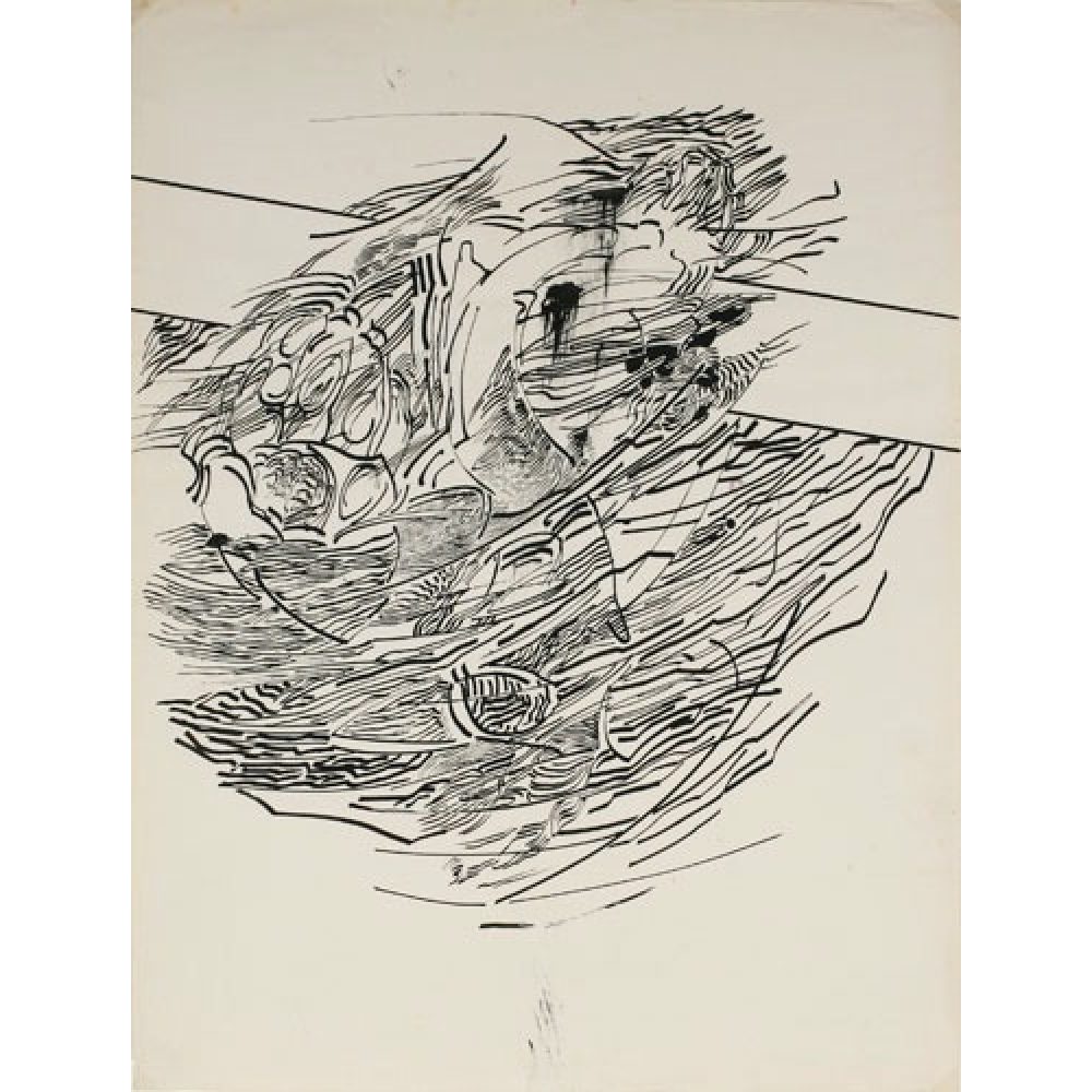 Abstract black ink drawing with swirling lines and shapes on an off-white background.