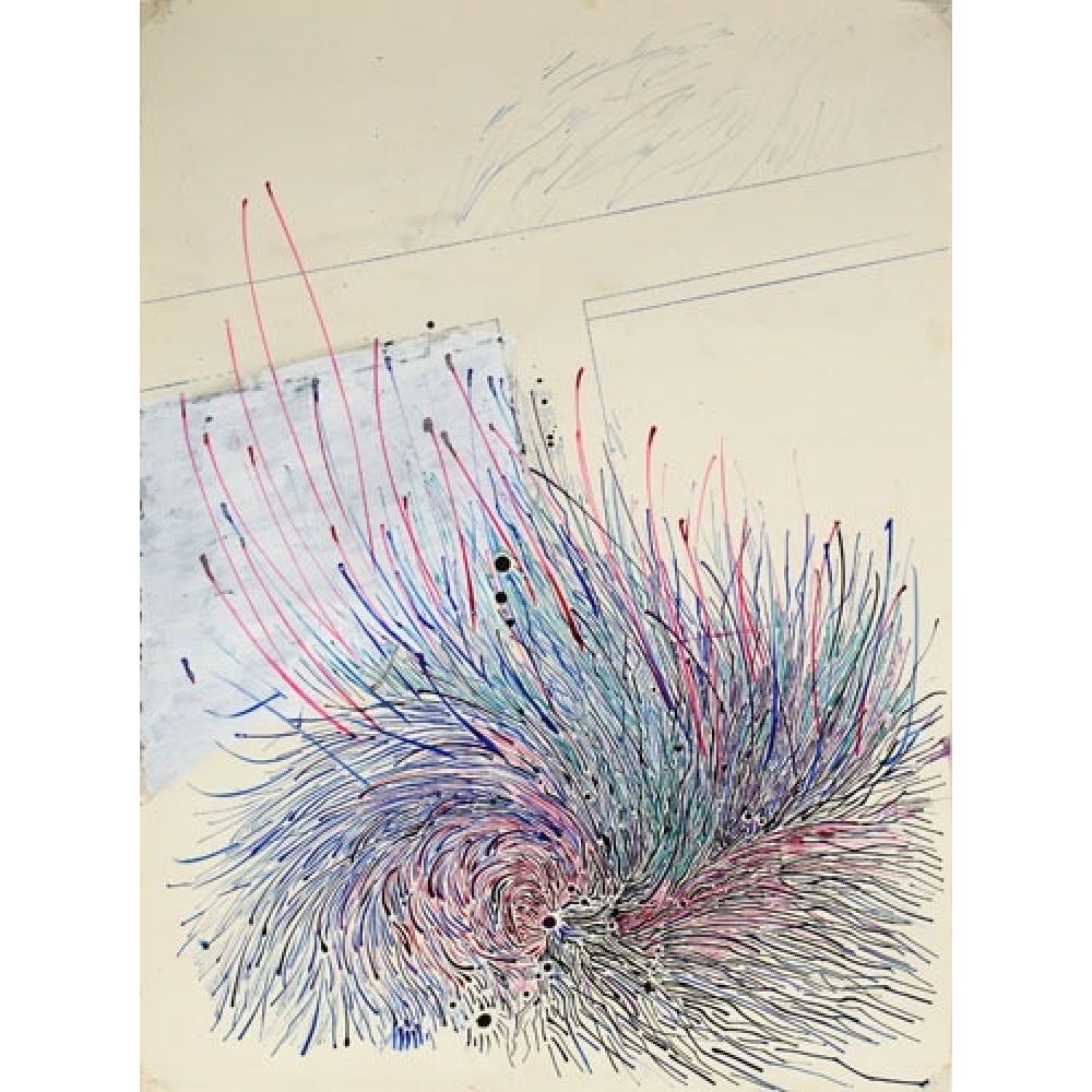 Abstract artwork with swirling, multicolored lines forming a dynamic pattern against an off-white background.
