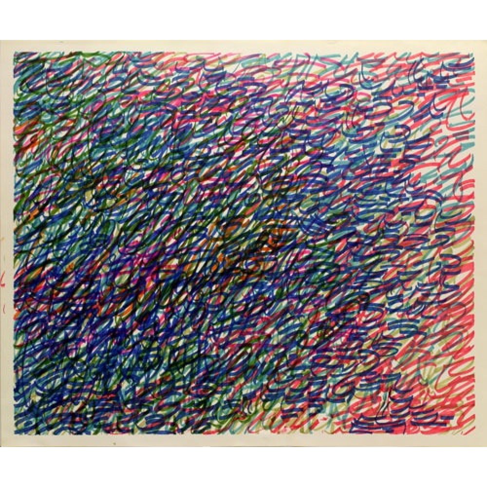 An abstract artwork featuring layered scribbles in blue, red, green, and purple on a white background.
