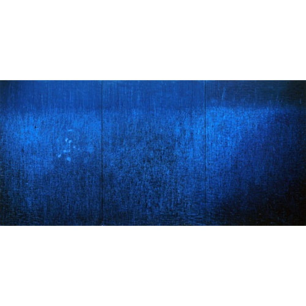 Abstract blue triptych with textured brushstrokes.
