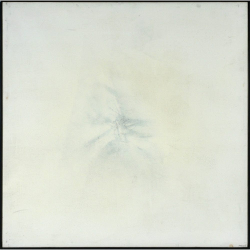 White square artwork with faint abstract shape in the center.