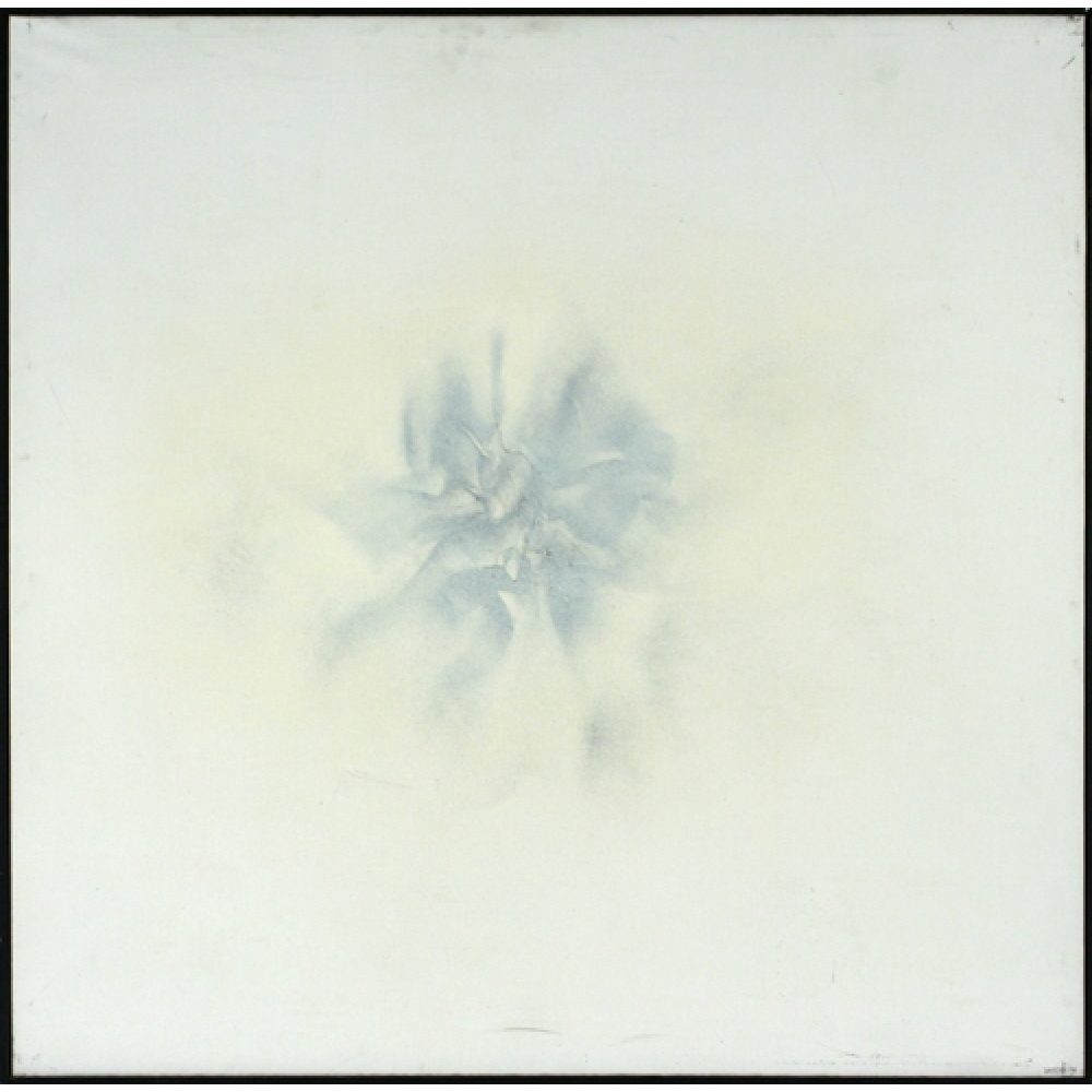White square artwork with faint abstract shape in the center.