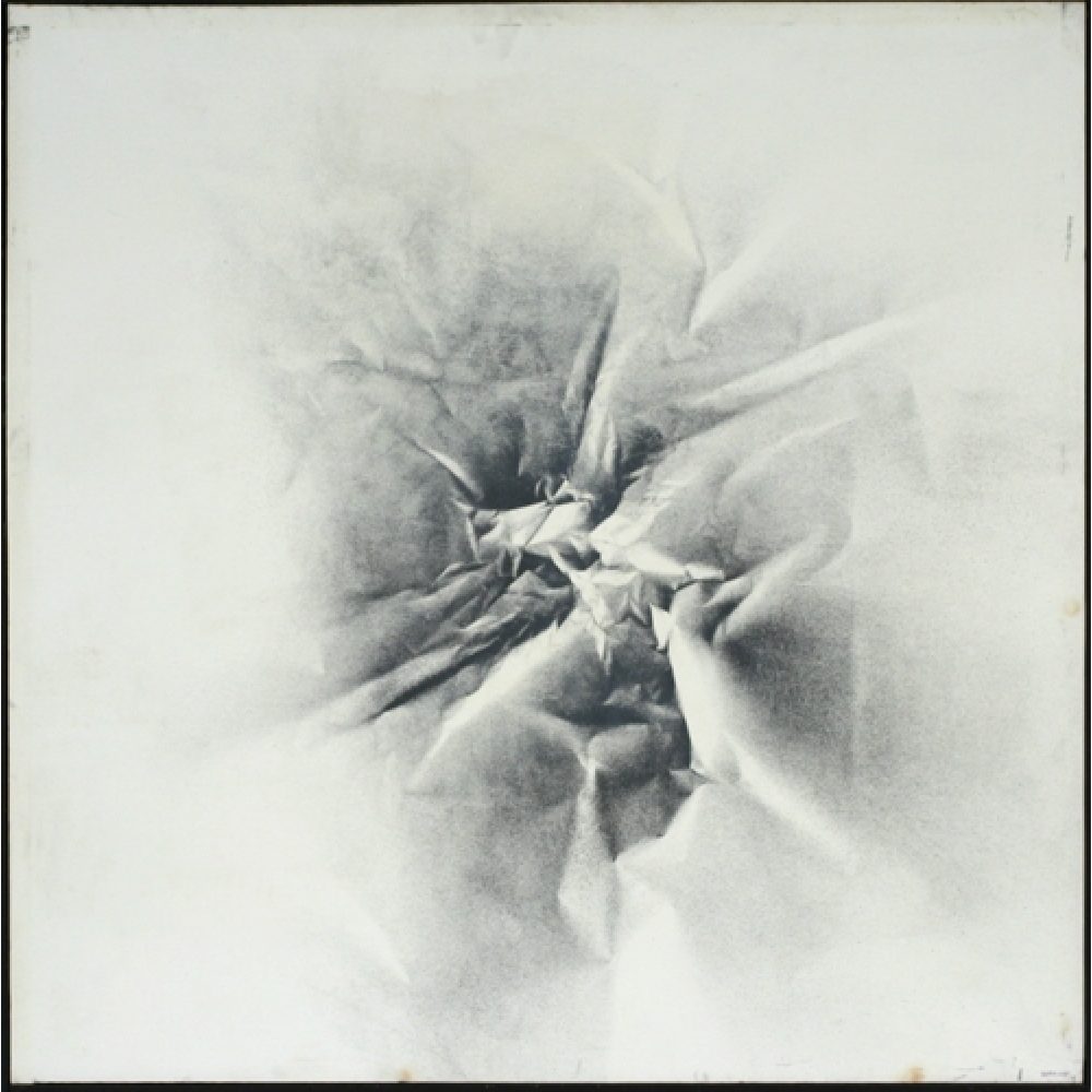 Monochrome artwork with a largely white background and crumpled texture effect central to the composition. The central area features a concentrated arrangement of folds and creases, forming a sharp, star-like pattern.