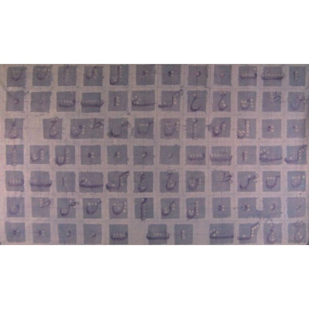 Painting depicting the Persian letters of the alphabet in a grid pattern, with dark purple script and light purple squares of the grid appearing on a lighter tan background.