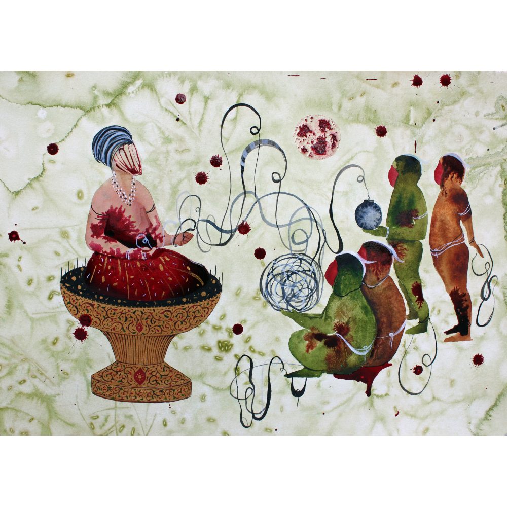 A seated figure on an ornate pedestal faces four smaller figures with swirling lines connecting them on a greenish background with red splatters. Alt-text generated by AI.