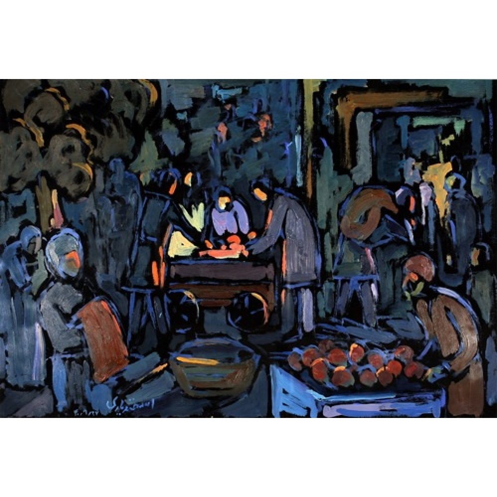 An expressionistic painting of a busy marketplace scene with figures around a produce cart.