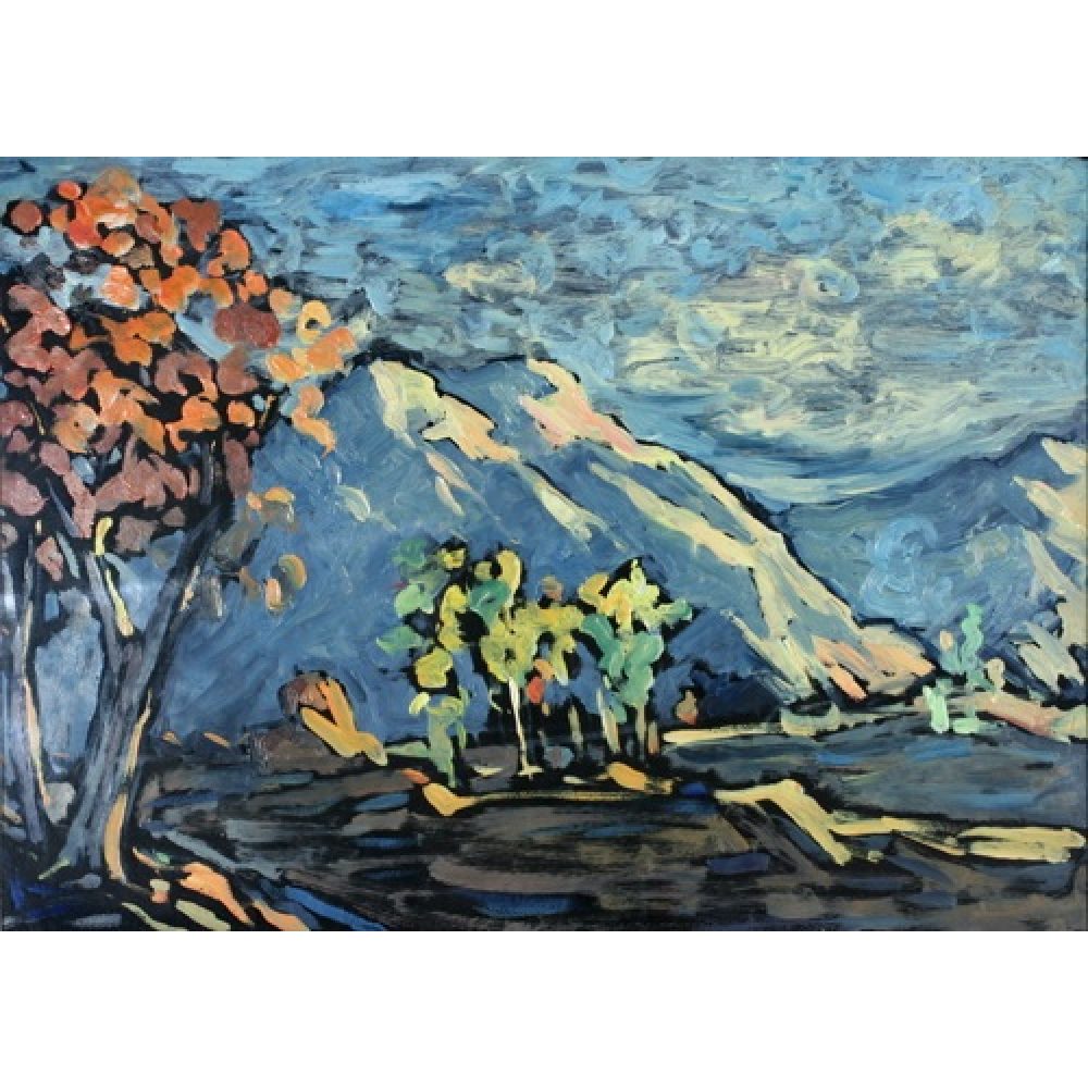 An expressionistic landscape painting showing a trees with orange and green leaves on brown terrain, with tall gray mountains and a cloudy in the background.