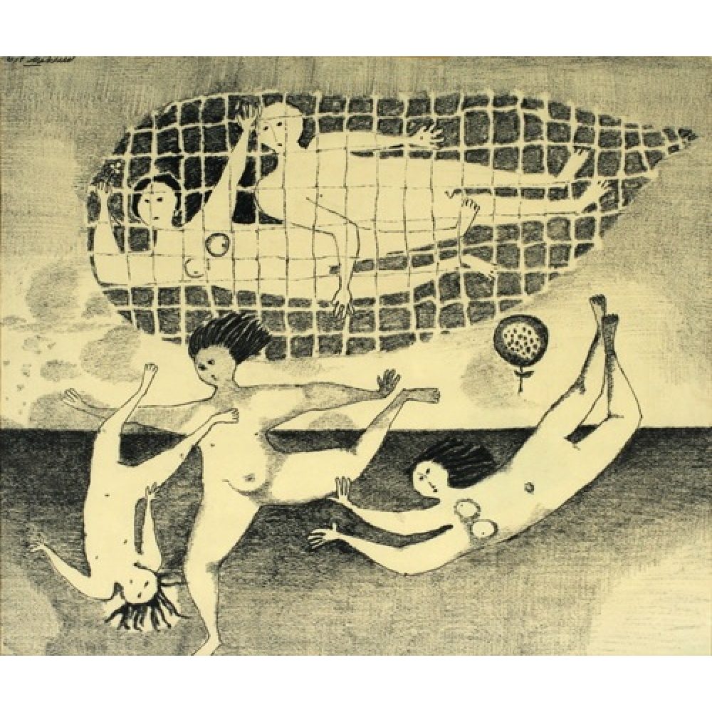 Surreal artwork showing floating figures enclosed in a net and others in motion below.