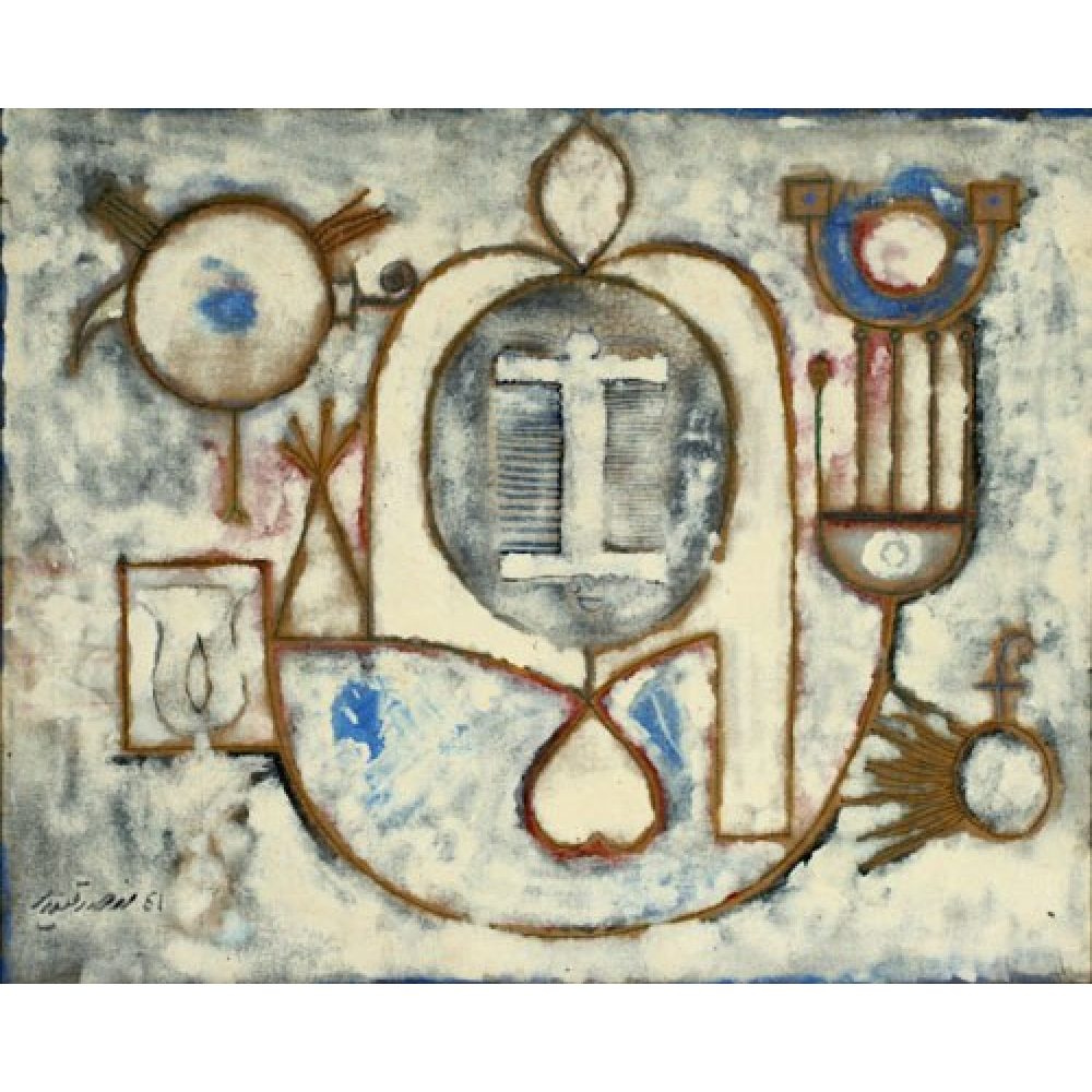 Abstract painting featuring a central oval shape surrounding a square with vertical lines, resembling a grid. This central form is flanked by a variety of geometric shapes.