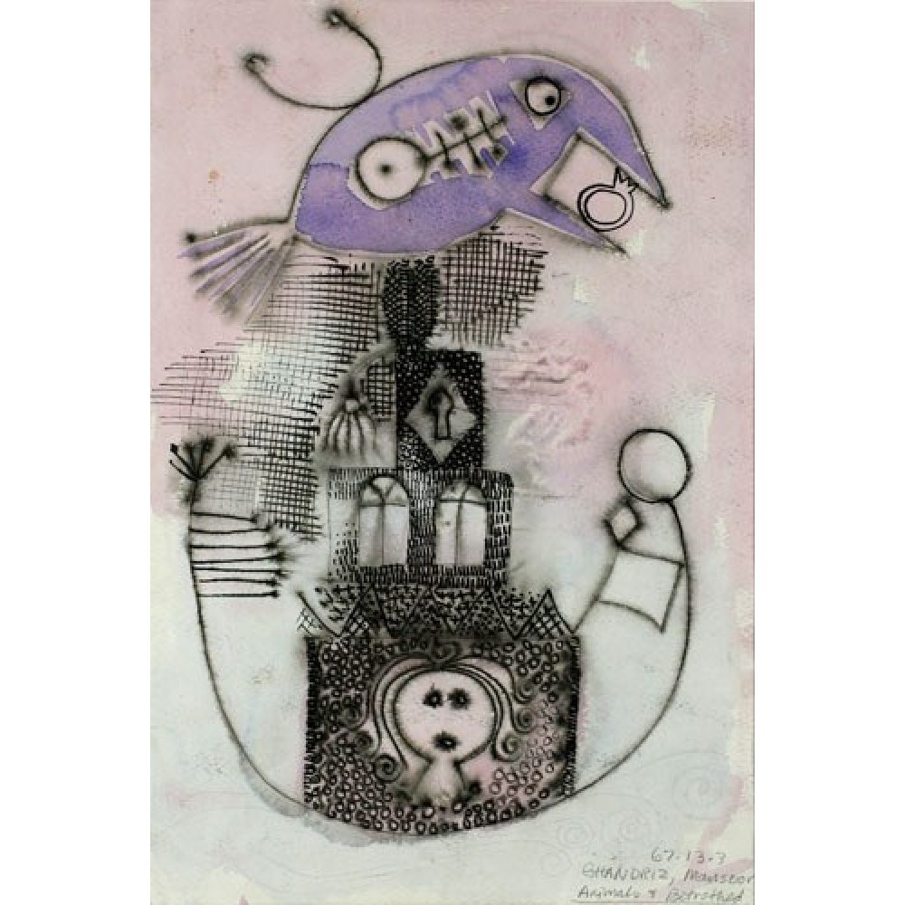 Abstract artwork featuring a violet birdlike creature with a ring in its mouth, hovering above a vaguely architectural scene with intricate patterns on a pink background.