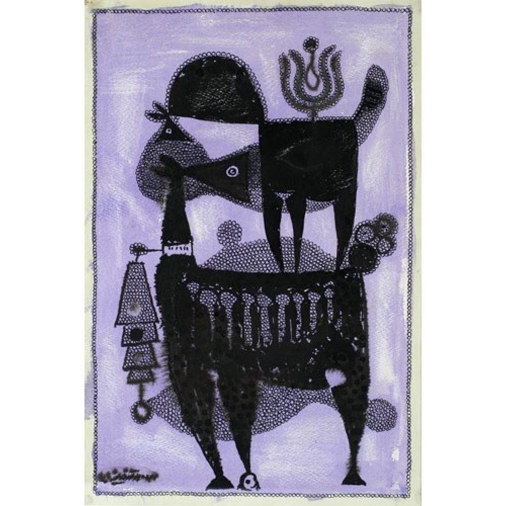 Abstract artwork with two black four-legged creatures , the smaller of the two standing on the other's back, on a purple background.