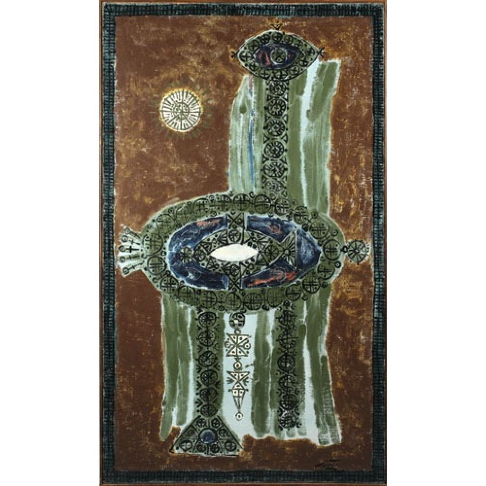 Abstract painting with earthy tones depicting a mythical creature with a long neck and long legs in a primitive, graphic style.