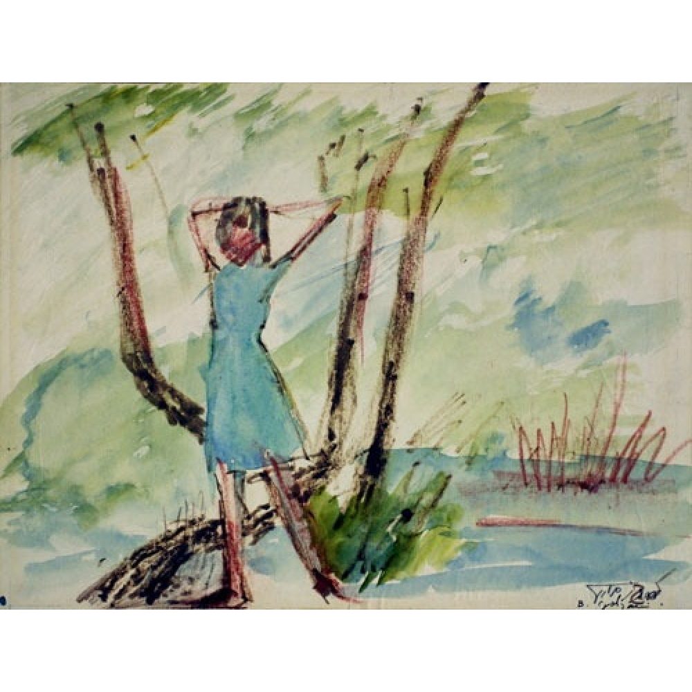 A watercolor painting of a girl in a blue dress standing on a log, surrounded by trees and greenery.