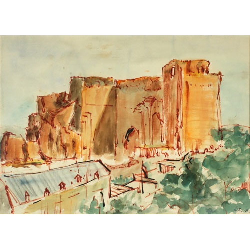 Watercolor of a large, old-looking brown structure with tall walls, surrounded by foliage and foregrounded by rooftops.