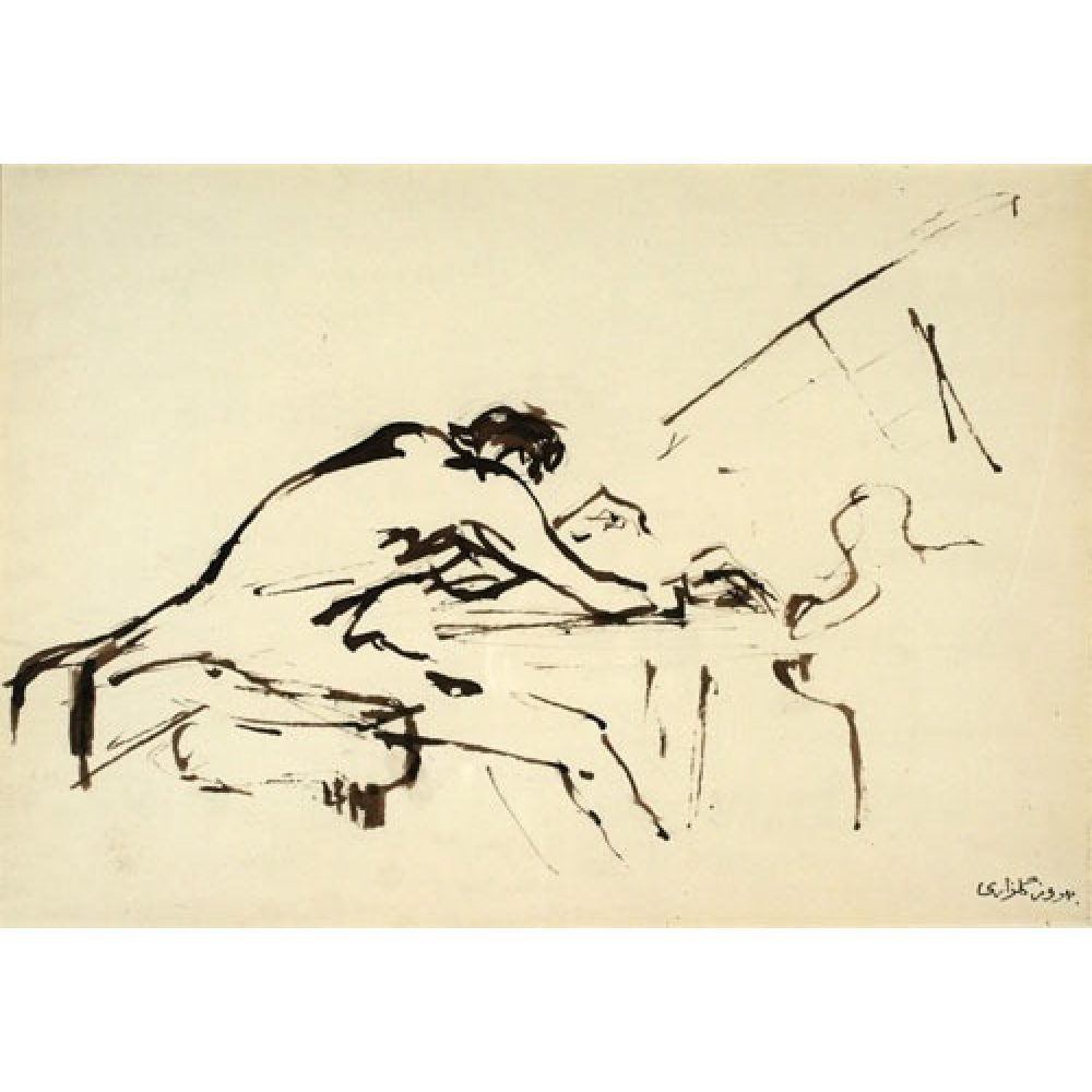 Mimimal ink drawing of a pianist playing a piano, turned away from the viewer.