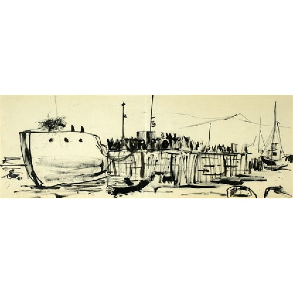Minimal ink drawing of a lake scene with boats and a pier.