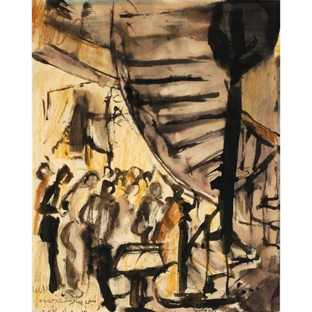 Abstract painting of a spiraling staircase and a crowd below.