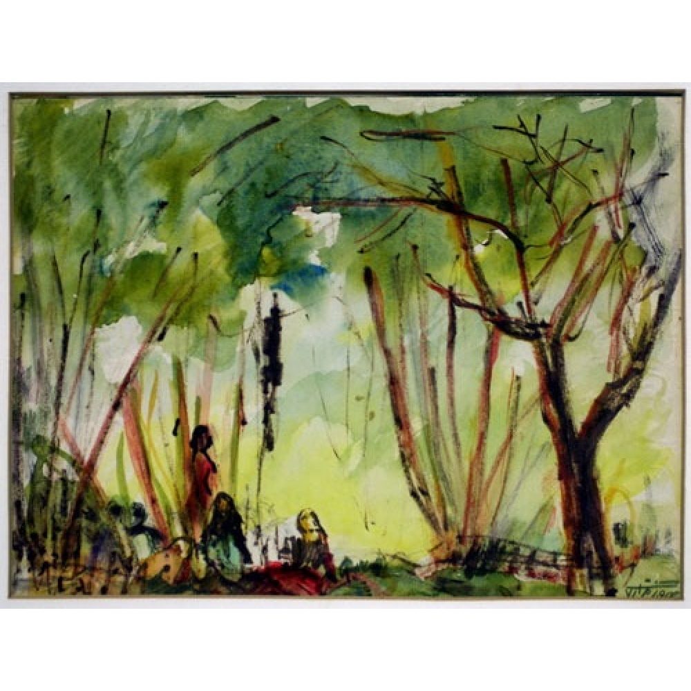 Watercolor painting of a forest picnic scene with trees and figures, one standing and some seated on the ground.