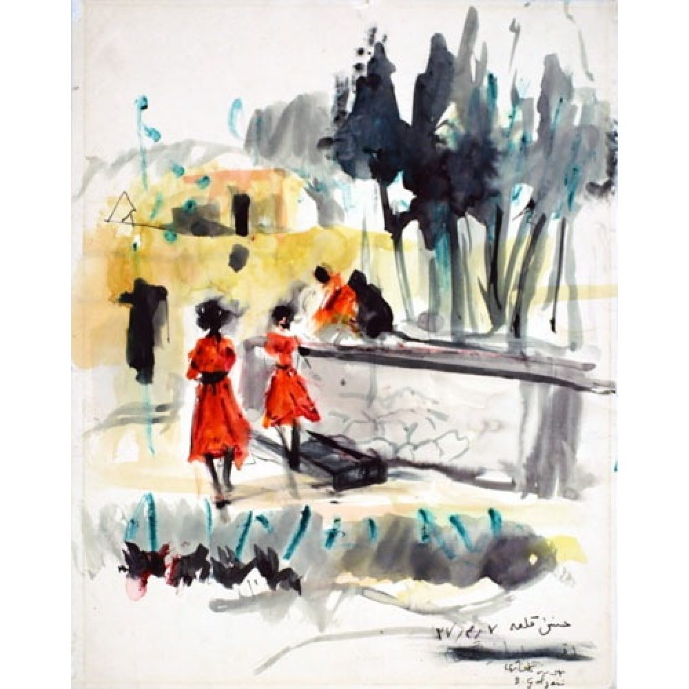 Watercolor painting of three women in red dresses near a waterway, with trees and structures in the background.