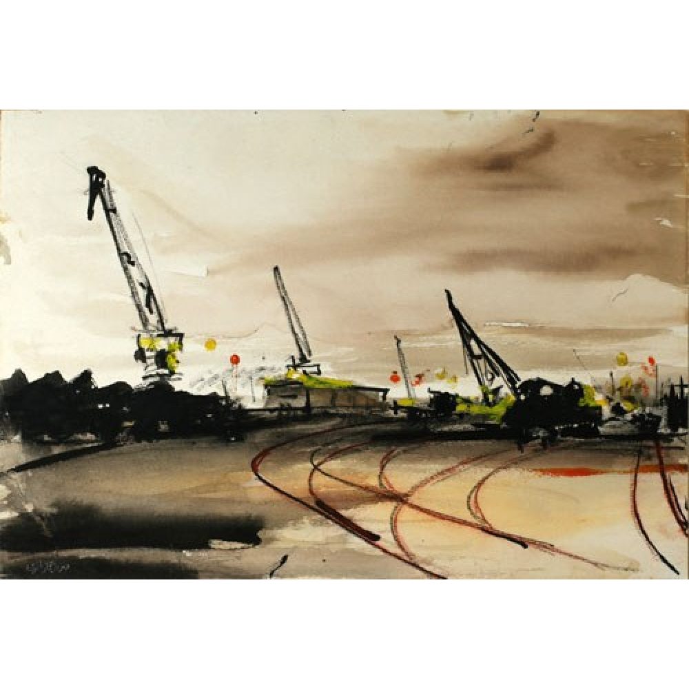 Abstract industrial landscape painting with cranes and tracks in watercolor.