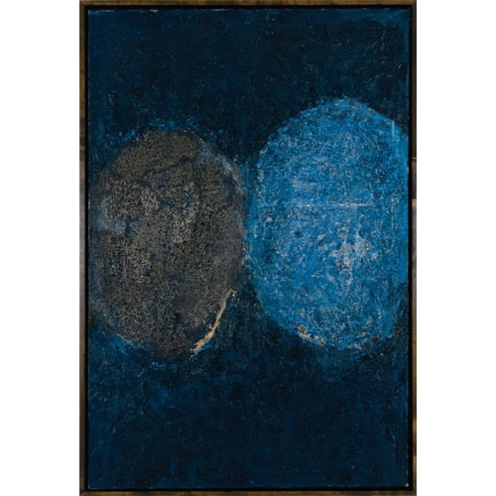 Painting composed of two ovoid forms that seem to represent celestial bodies on a dark blue background. Nearly illegible Persian script appears on the surface of the painting.