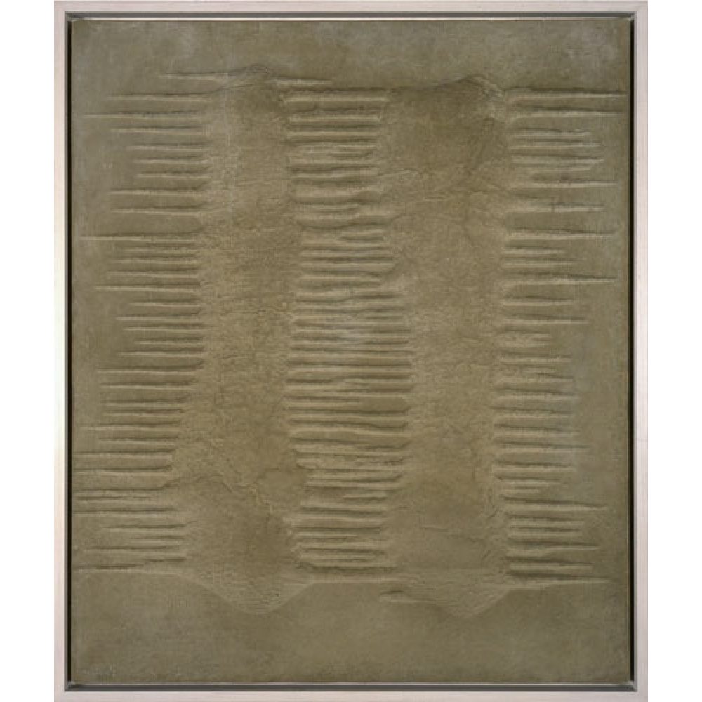 Artwork made of sand and enamel with horizontal grooves and a textured beige surface.