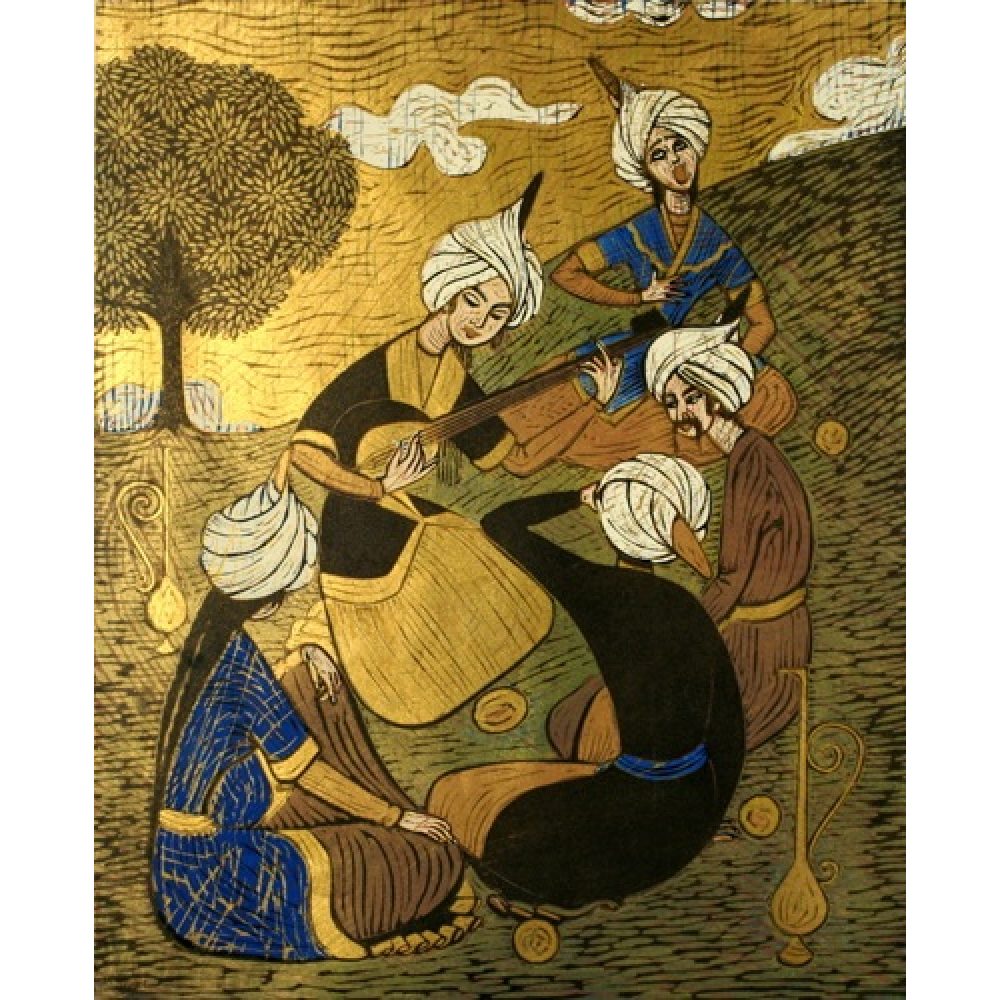 Print showing five figures in white turbans gathered on a hillside, with one playing a lute-like instrument.