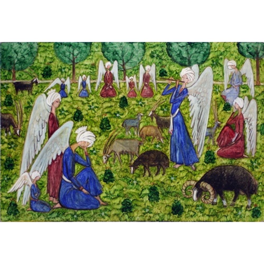 Angels in vibrant blue and ruby garments and white turbans with animals in a lush, green landscape.