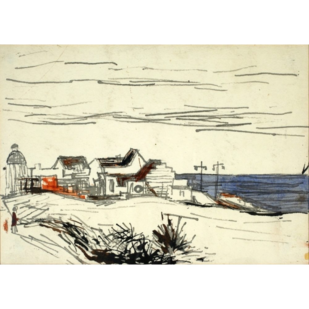 Sketchy drawing of seaside scene with some foliage, buildings near the shore, a cloudless sky, and a small boat in the blue water.