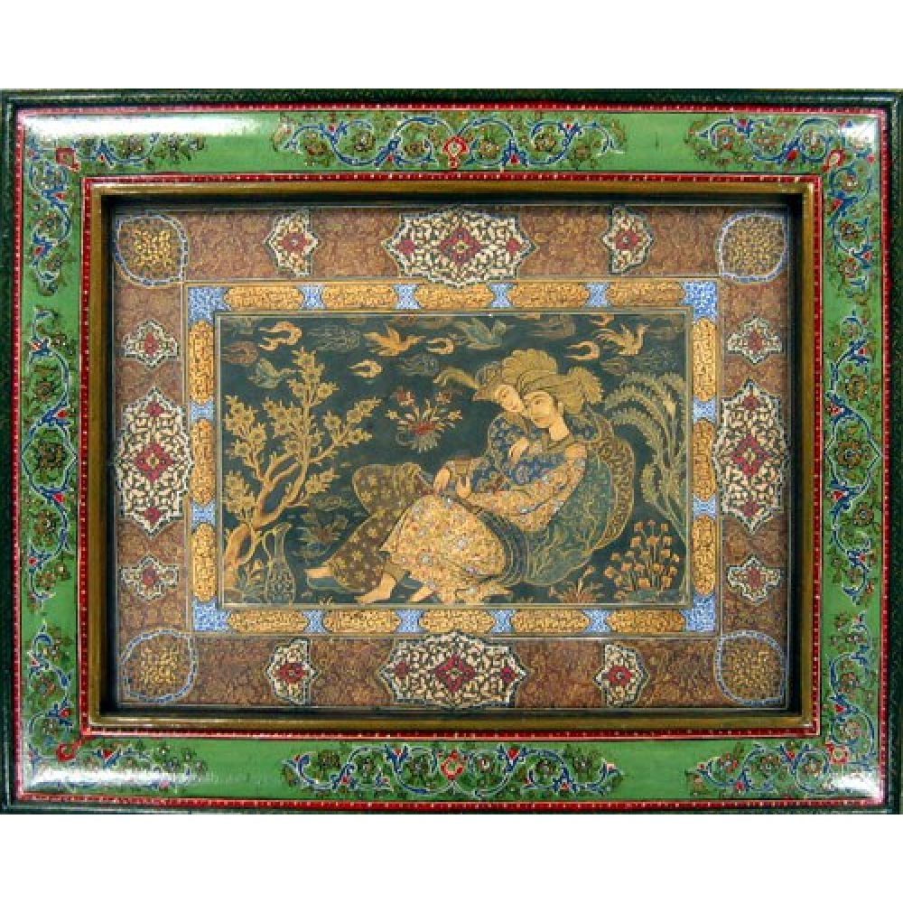 Ornate framed painting depicting a couple in a lush, decorative setting with intricate floral and geometric patterns.
