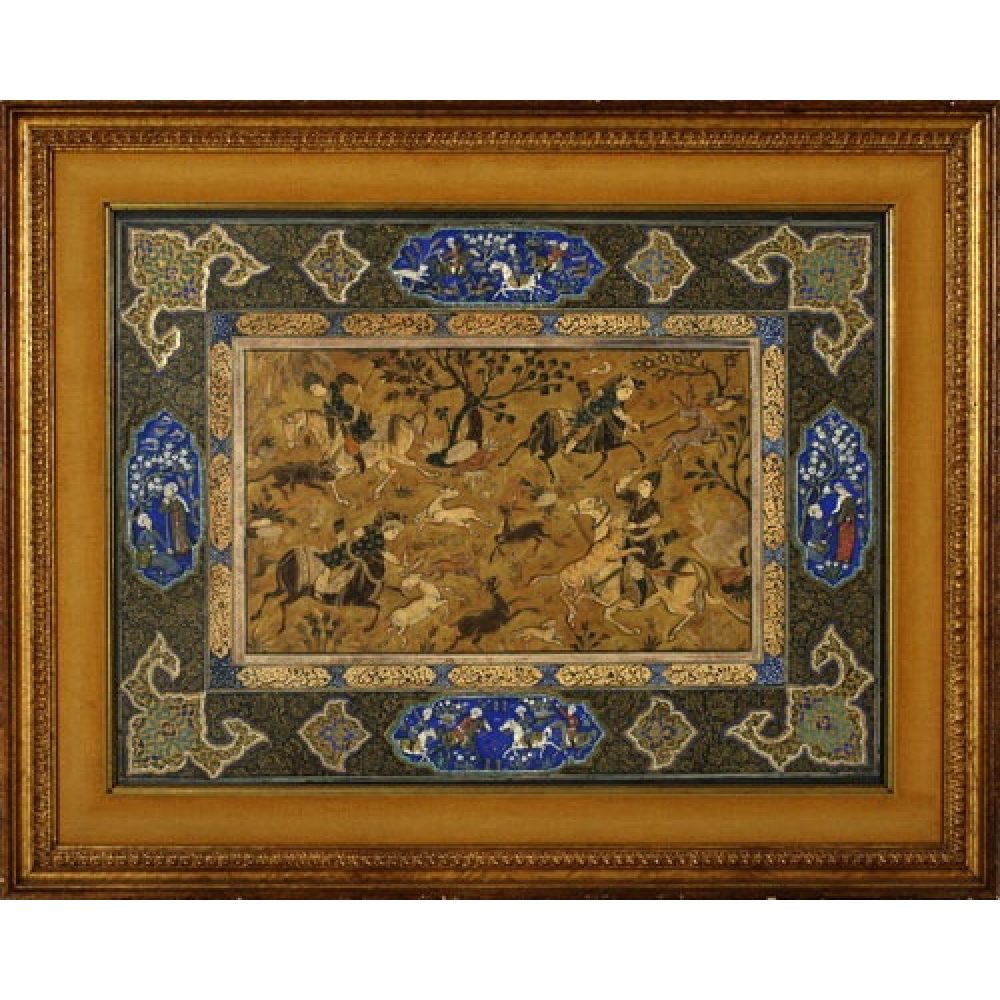 Ornate painting depicting a historical hunting scene with figures on horseback, surrounded by a decorative blue and gold frame.
