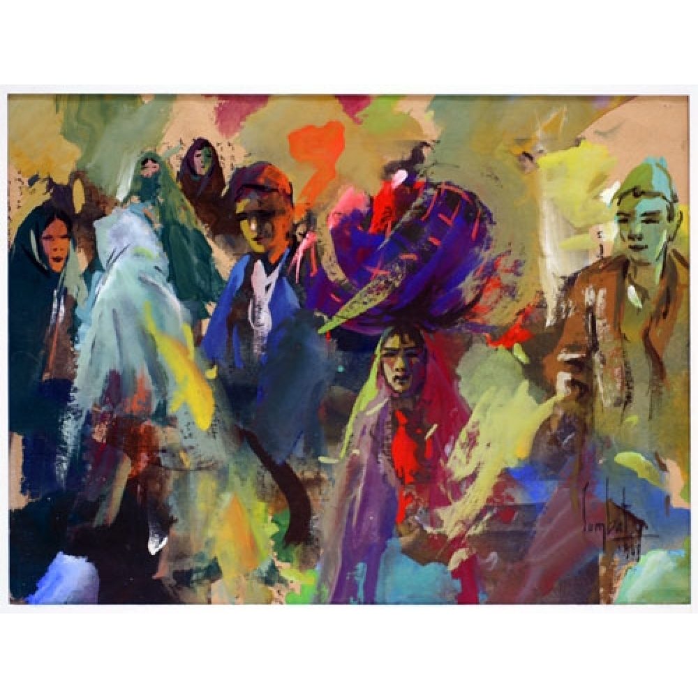 Brightly colored, expressionistic painting showing figures in a crowded marketplace scene, with textured brushstrokes in the background bringing the composition together. Many figures appear to be women, wearing long flowing robes and head coverings.