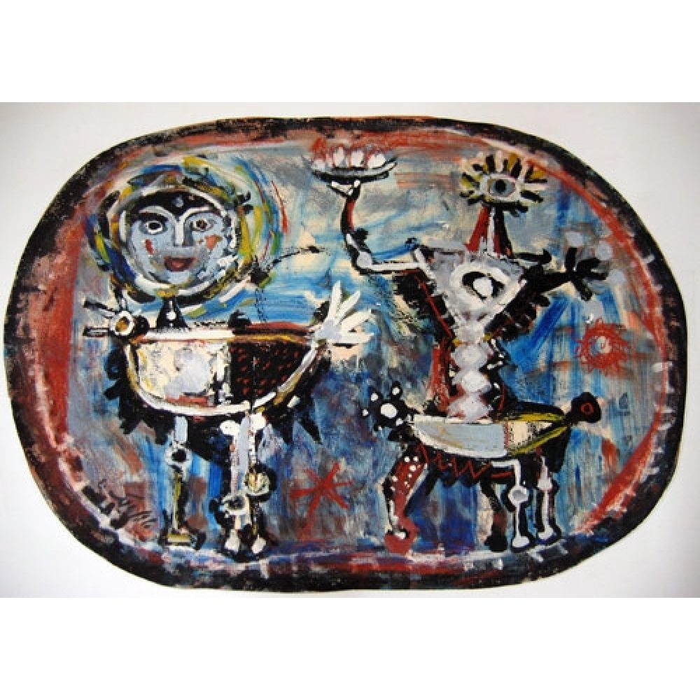 Oval-shaped painting depicting an abstract painting with two humanoid figures composed of black, white, red, and yellow brushstrokes and angular and circular shapes standing side-by-side. The background features a dynamic swirl of blues and whites, creating a sky-like appearance.