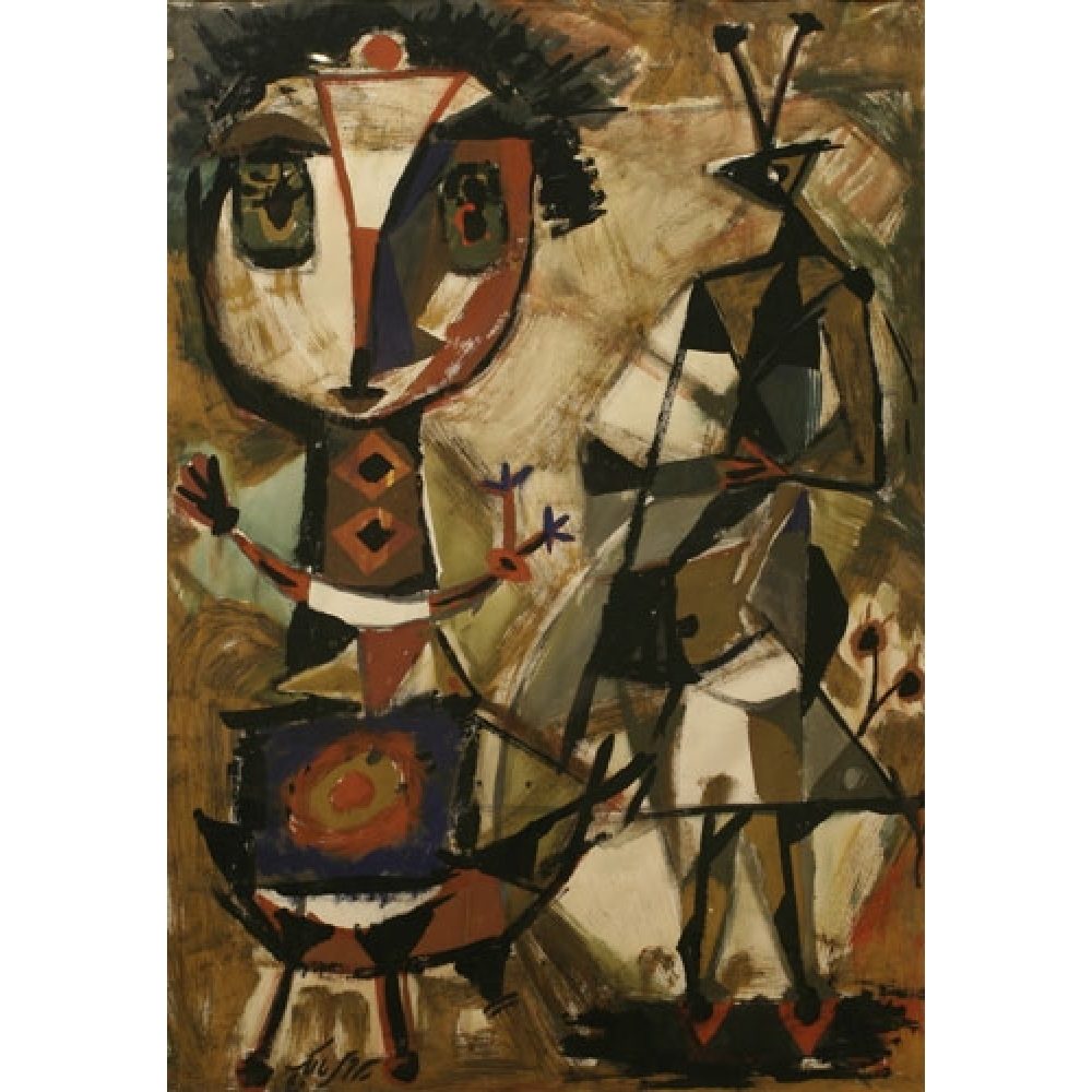 Painting depicting a half human and half horse creature, in an abstracted style recalling traditional Persian textiles and designs. The figure is composed of geometric shapes and painted in beige, red-brown, olive green, and coal-colored tones.